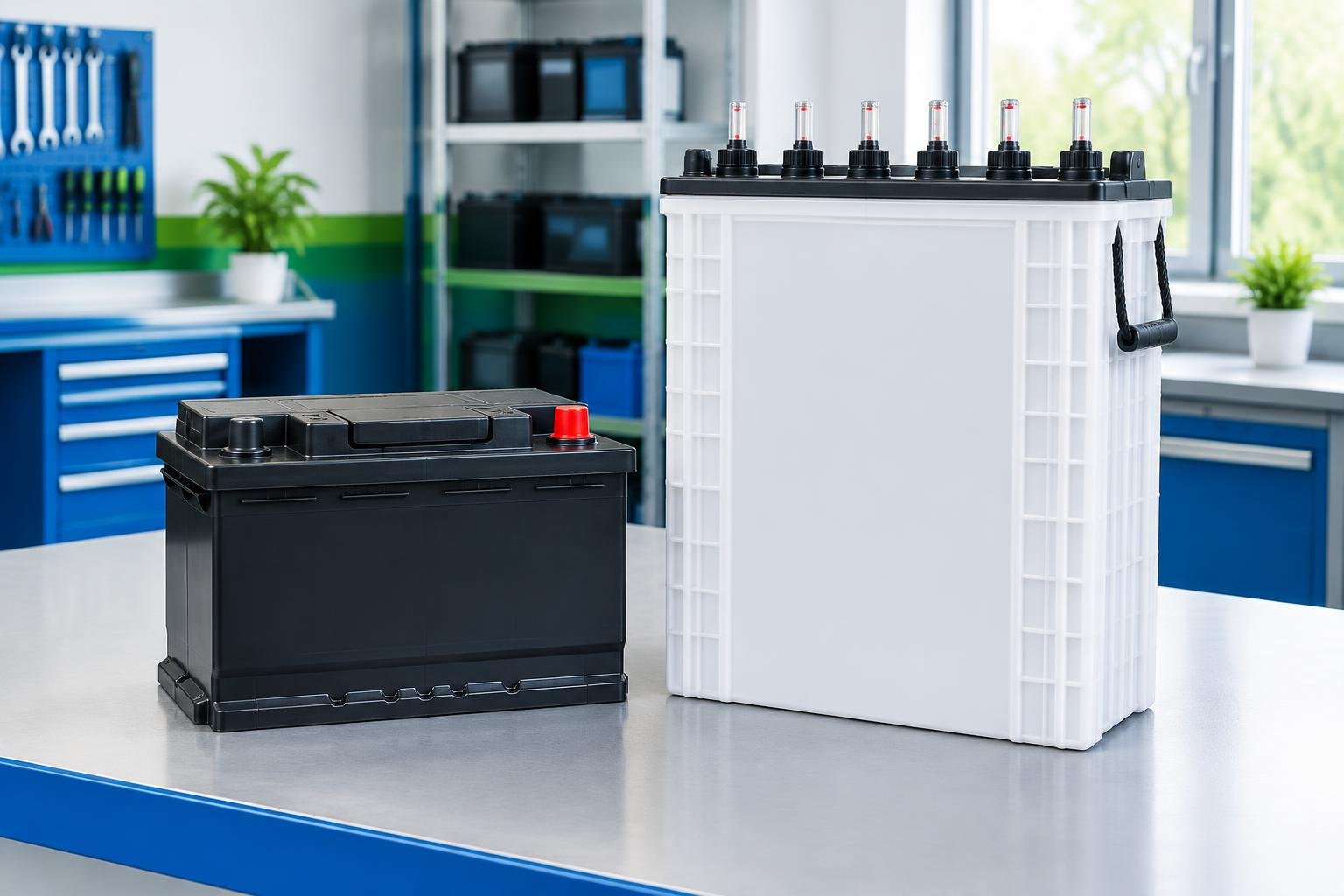 Car battery and inverter battery in a clean battery service shop in Gurugram